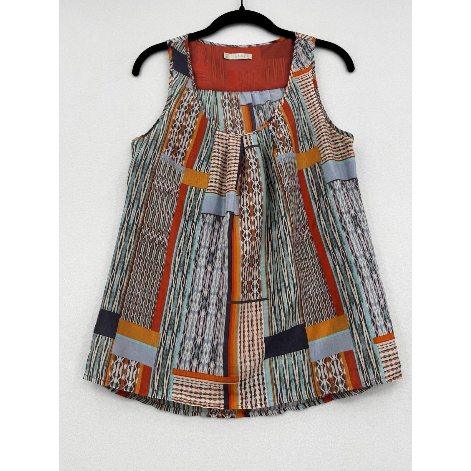 Hinge 100% Silk Multicolor Geometric Print Sleeveless Artsy Festival Tank Top Xs